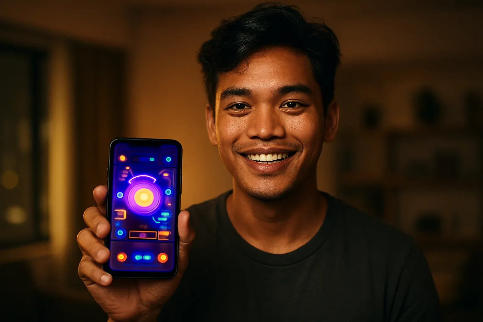 Young Filipino man smiling while showing colorful mobile gaming app