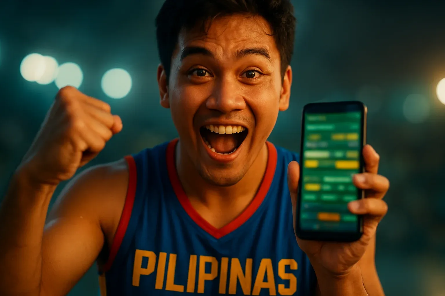 Excited Filipino man cheering with smartphone showing sports betting interface