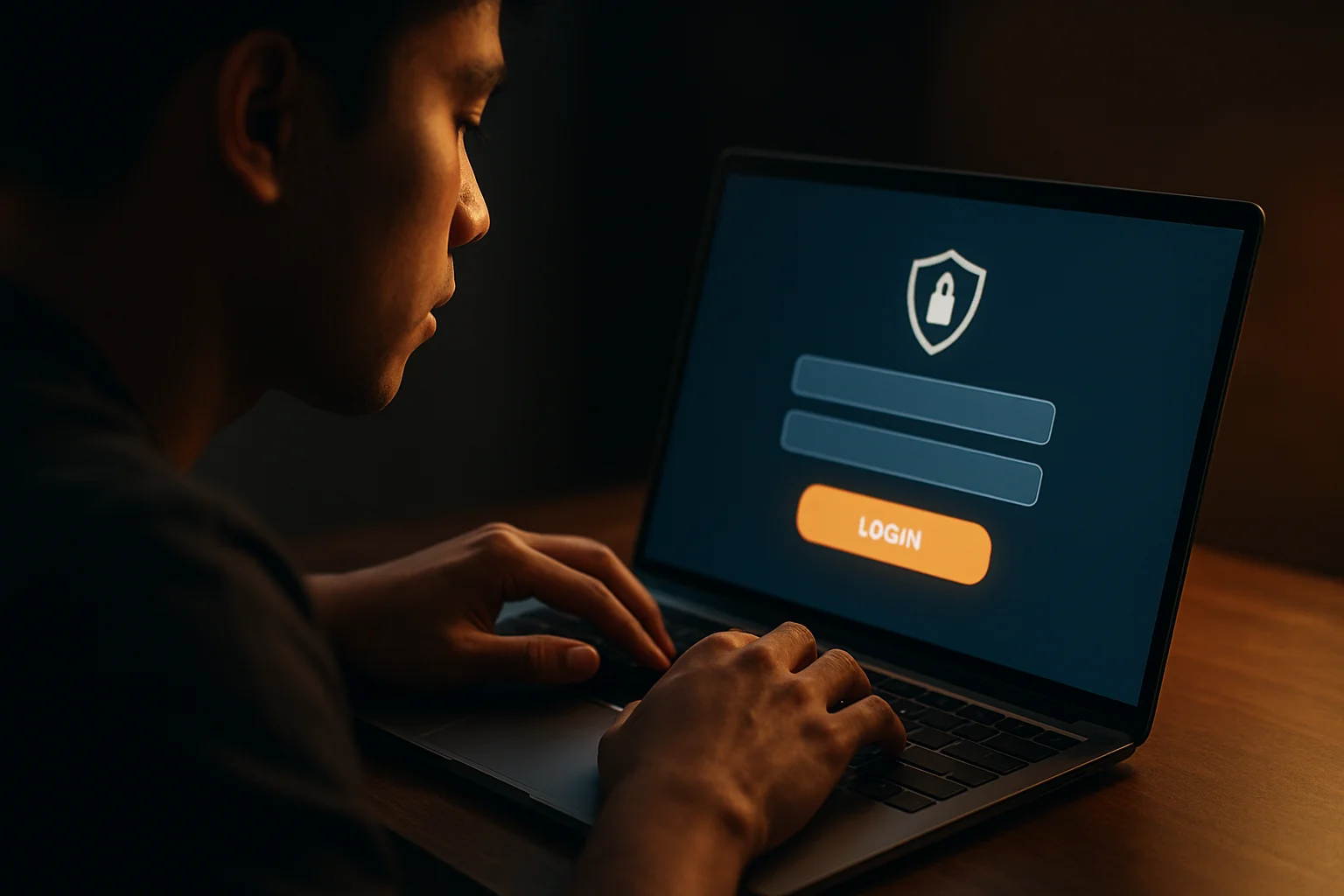 Young Filipino man using laptop with visible login form screen