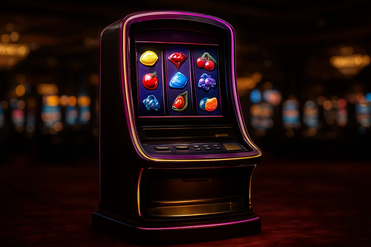 Complete premium slot machine on dark luxury casino floor with three reels